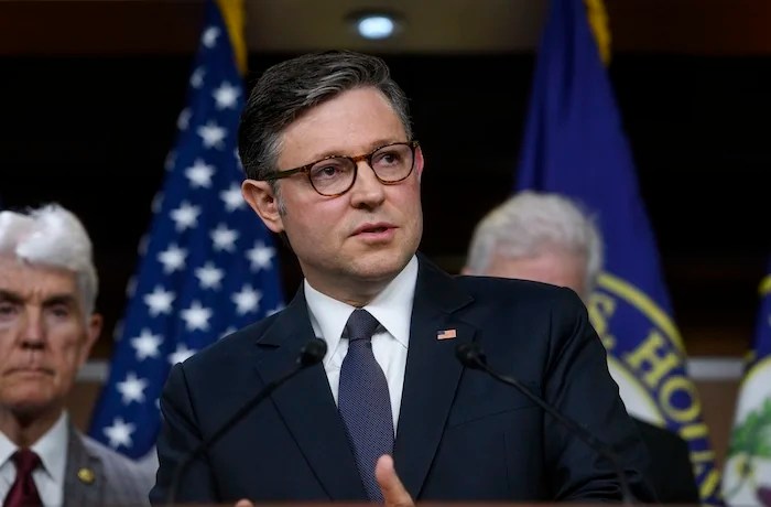 Speaker of the House Mike Johnson, R-La., speaks during a news conference at the Capitol, Tuesday,