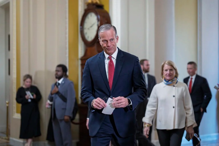 Senate Majority Leader John Thune (R-SD) leaves a meeting with Vice President JD Vance and fellow Republicans after discussing President Donald Trump's agenda at the Capitol in Washington, Wednesday, Feb. 19, 2025.