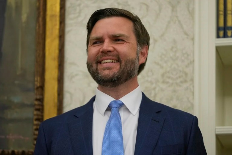 Vice President JD Vance smiles as President Donald Trump speaks before Steve Witkoff is sworn as special envoy during a ceremony in the Oval Office of the White House, Tuesday, May 6, 2025, in Washington.