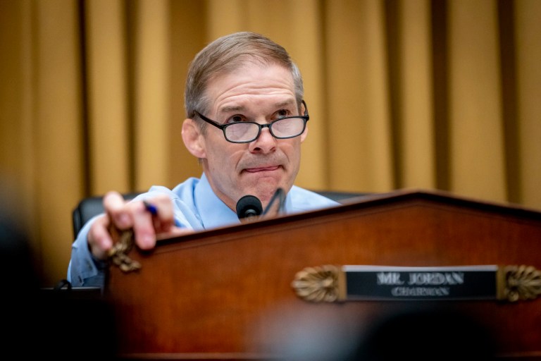 Chairman Rep. Jim Jordan, R-Ohio, apears before a House Judiciary subcommittee hearing on what Republicans say is the politicization of the FBI and Justice Department and attacks on American civil liberties, on Capitol Hill in Washington, Thursday, May 18, 2023. (AP Photo/Andrew Harnik)
