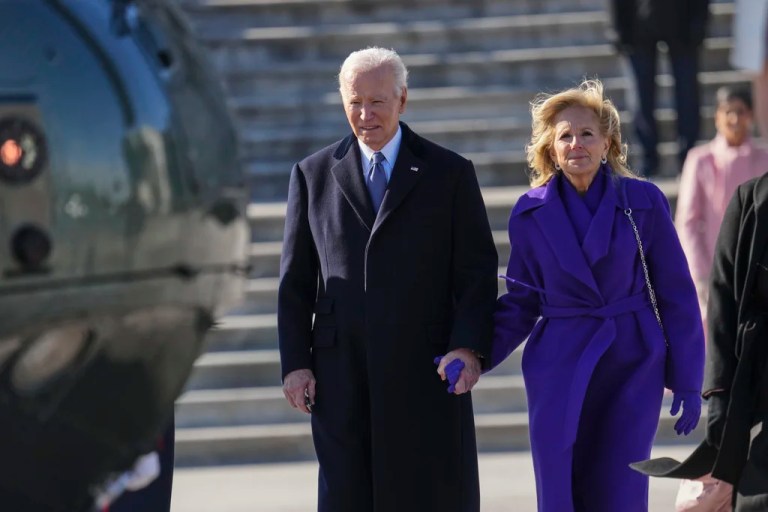Former President Joe Biden and former first lady Jill Biden prepare to board a Marine helicopter to depart to Joint Base Andrews after the 60th Presidential Inauguration, Monday, Jan. 20, 2025, at the U.S. Capitol in Washington.
