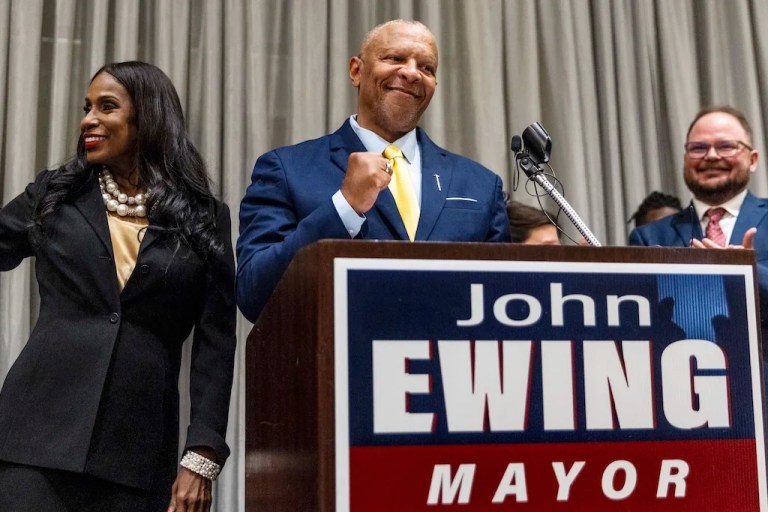 John Ewing gives his victory speech after winning the election for Omaha mayor at the downtown Hilton in Omaha, Neb., Tuesday, May 13, 2025. (Chris Machian/Omaha World-Herald via AP)