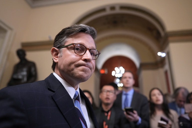 Speaker of the House Mike Johnson, R-La., talks to reporters just after House Republicans narrowly approved their budget framework, at the Capitol in Washington, Thursday, April 10, 2025. (AP Photo/J. Scott Applewhite)