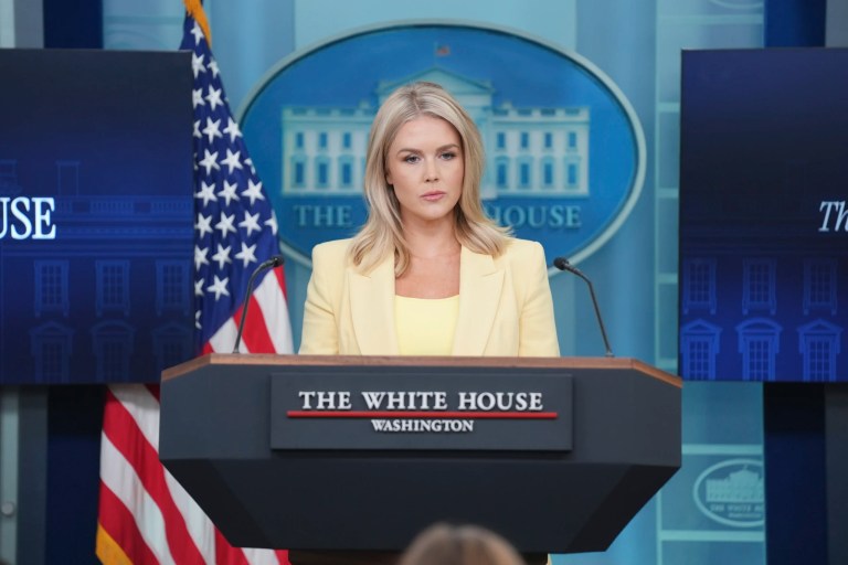 White House press secretary Karoline Leavitt speaks during a briefing at the White House, Monday, May 19, 2025, in Washington. (AP Photo/Evan Vucci)