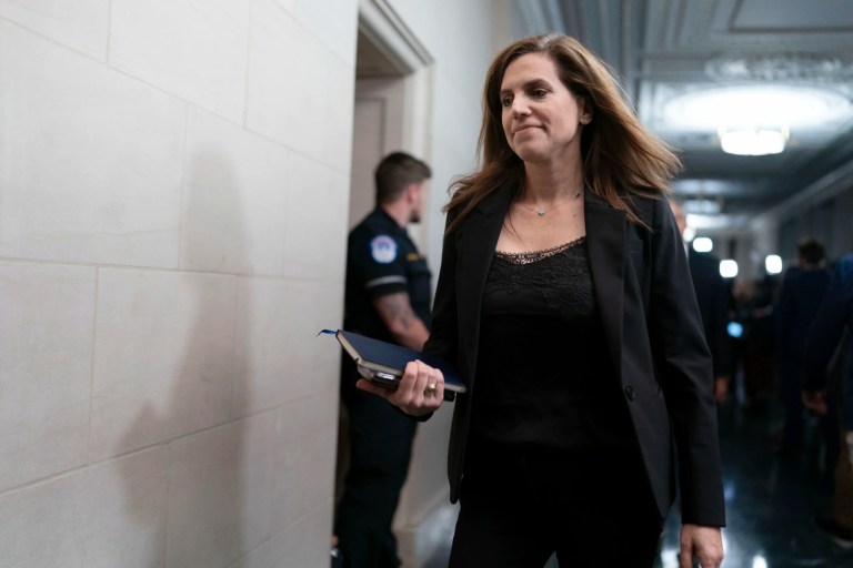 Rep. Nancy Mace, R-S.C., arrives to the Republican caucus meeting at the Capitol in Washington, Friday, Oct. 13, 2023. (AP Photo/Jose Luis Magana)