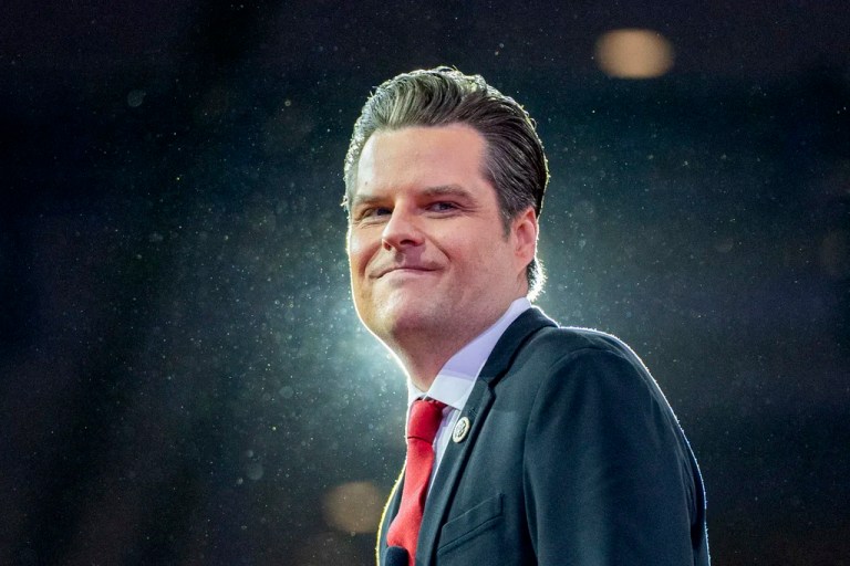 Former Rep. Matt Gaetz (R-FL) departs after speaking during the Conservative Political Action Conference 2024 at the National Harbor, in Oxon Hill, Maryland, Friday, Feb. 23, 2024.