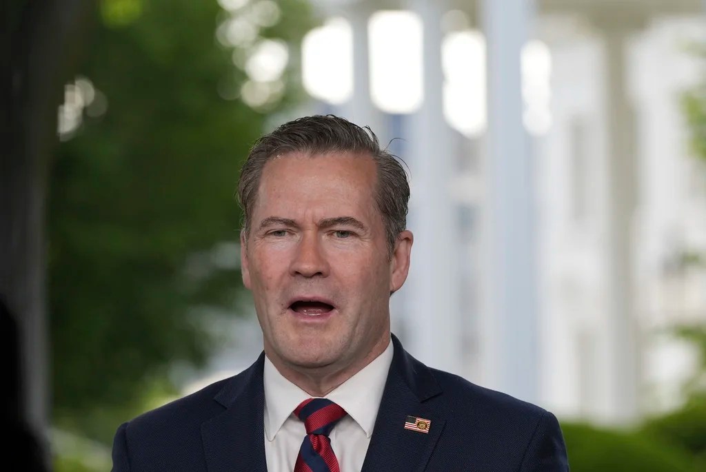 National Security Advisor Mike Waltz speaks during a television interview at the White House, Thursday, May 1, 2025, in Washington.