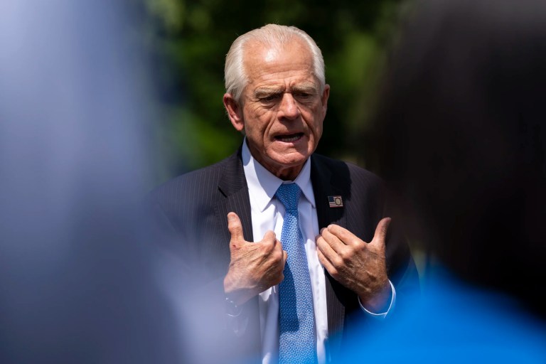 White House trade counselor Peter Navarro speaks with reporters at the White House, Thursday, May 8, 2025, in Washington.