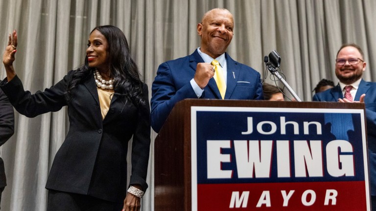 John Ewing gives his victory speech after winning the election for Omaha mayor at the downtown Hilton in Omaha, Neb., Tuesday, May 13, 2025. (Chris Machian/Omaha World-Herald via AP)