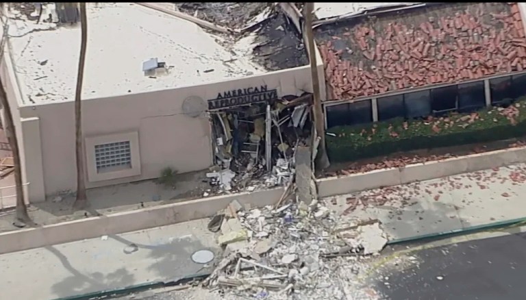Debris covers the ground after an explosion on Saturday, May 17, 2025 in Palm Springs, Calif.