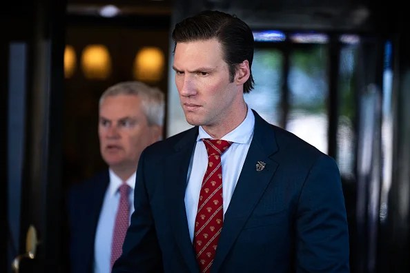 Reps. Pat Harrigan, R-N.C., and James Comer, R-Ky., left, leave the Capitol Hill Club after a meeting of the House Republican Conference on Tuesday, April 29, 2025.