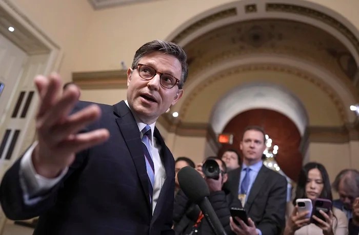 Speaker of the House Mike Johnson, R-La., talks to reporters just after House Republicans narrowly approved their budget framework
