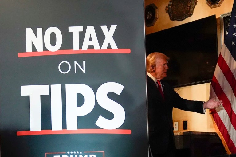 President Donald Trump talks before speaking at a campaign event at ll Toro E La Capra, Friday, Aug. 23, 2024, in Las Vegas.
