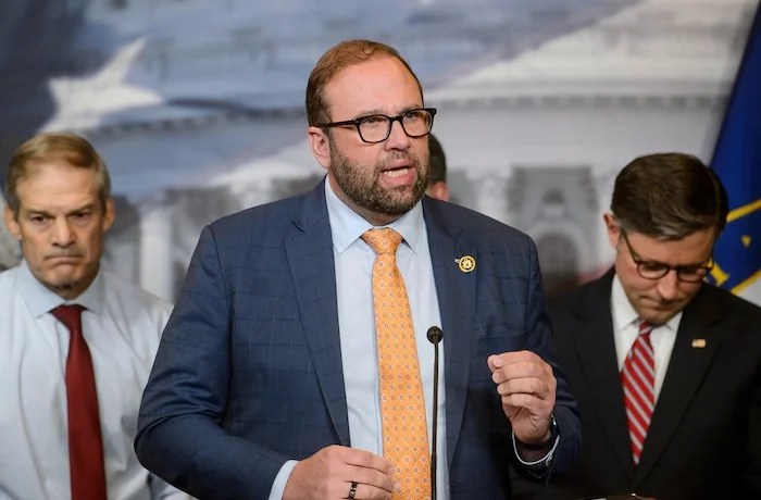 Rep. Jason Smith (R-MO), center, is joined by from left: Reps. Jim Jordan (R-OH), Mark Green (R-TN), and Speaker of the House Mike Johnson R-LA) during a news conference at the Capitol, Tuesday, May 20, 2025, in Washington.
