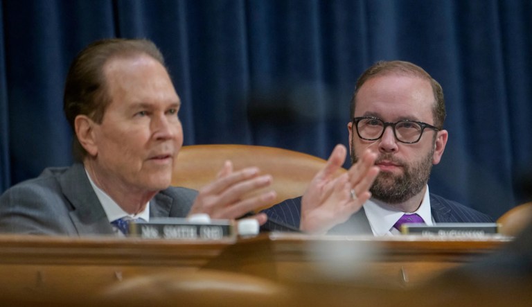 Chairman Rep. Jason Smith, R-Mo., right, listens as Rep. Vern Buchanan, R-Fla., questions U.S. Trade Representative Jamieson Greer during a House Committee on Ways and Means hearing on Capitol Hill, Wednesday, April 9, 2025, in Washington. (AP Photo/Rod Lamkey, Jr.)