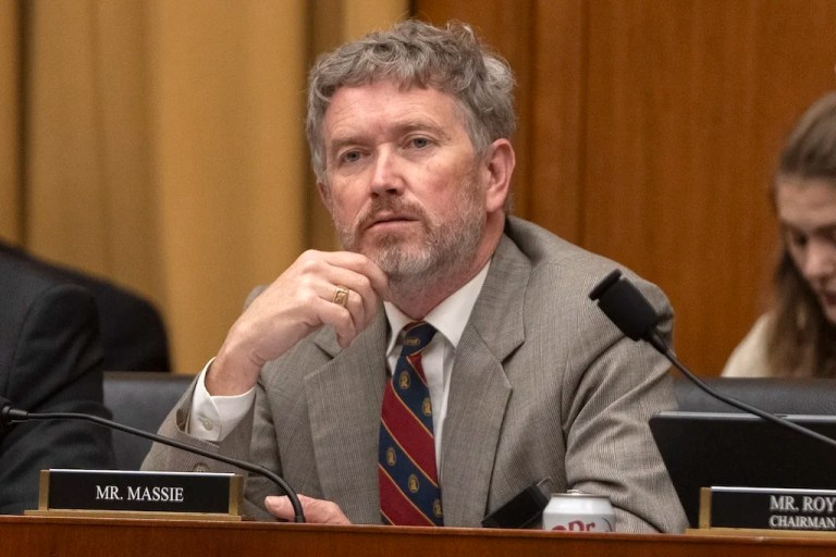 Rep. Thomas Massie, R-Ky., listens during a joint subcommittee hearing of the House Judiciary Committee on Capitol Hill, Tuesday, April 1, 2025, in Washington. (AP Photo/Mark Schiefelbein)
