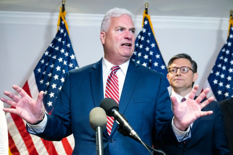 House Majority Whip Tom Emmer, R-Minn., and Speaker of the House Mike Johnson, R-La., right, conduct a news conference at the Republican National Committee after a meeting with Republican presidential candidate former President Donald Trump and the House Republican Conference on Thursday, June 13, 2024. (Tom Williams/Pool via AP)