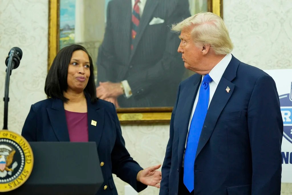 District of Columbia Mayor Muriel Bowser, left, speaks as President Donald Trump listens during an event to announce that the 2027 NFL Draft will be held on the National Mall, in the Oval Office of the White House, Monday, May 5, 2025, in Washington.