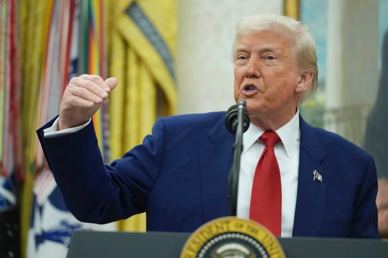 President Donald Trump speaks during a swearing in ceremony for interim U.S. Attorney General for the District of Columbia