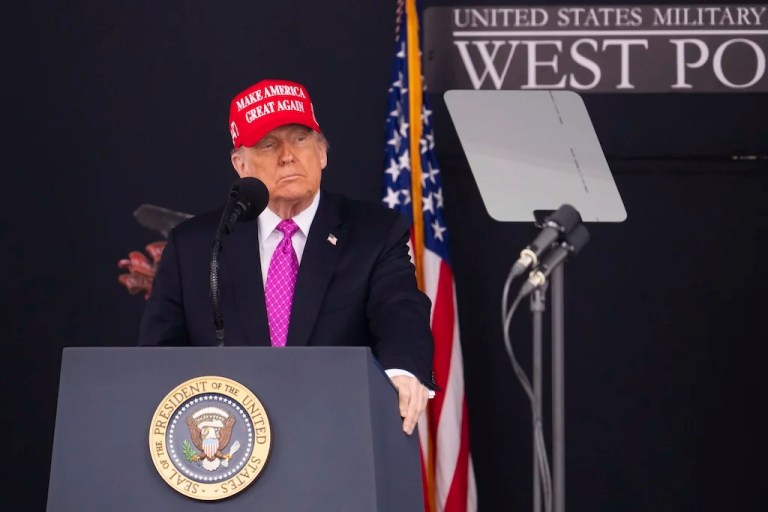 President Donald Trump speaks to United States Military Academy graduating cadets during commencement ceremonies in West Point, N.Y., Saturday, May 24, 2025. (AP Photo/Adam Gray)