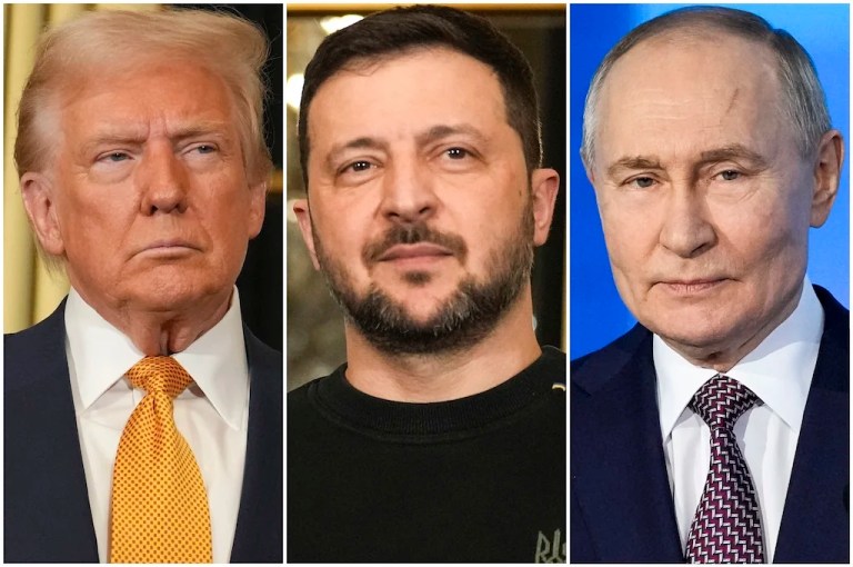 FILE - In this combination of file photos, President Donald Trump, left, and Ukraine's President Volodymyr Zelenskyy, center, are seen at the Elysee Palace, Dec. 7, 2024 in Paris, and President Vladimir Putin, right, addresses a Technology Forum in Moscow, Feb. 21, 2025. (AP Photo/Aurelien Morissard, left and center, Pavel Bednyakov, right, File)