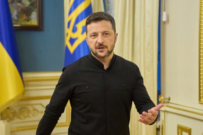 Ukrainian President Volodymyr Zelenskyy speaks during a briefing in Kyiv, Ukraine, Monday, May 19, 2025. (AP Photo/Efrem Lukatsky)