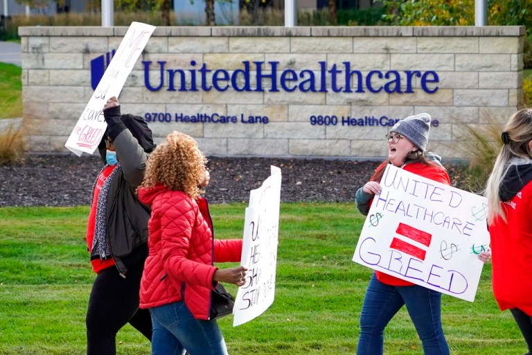 IMAGE DISTRIBUTED FOR AIDS HEALTHCARE FOUNDATION - Healthcare advocates with AIDS Healthcare Foundation, from across the United States, protest at the United Healthcare Corporate office in Minnetonka, Minnesota on Tuesday, October 26, 2021. (Craig Lassig/AP Images for AIDS Healthcare Foundation)