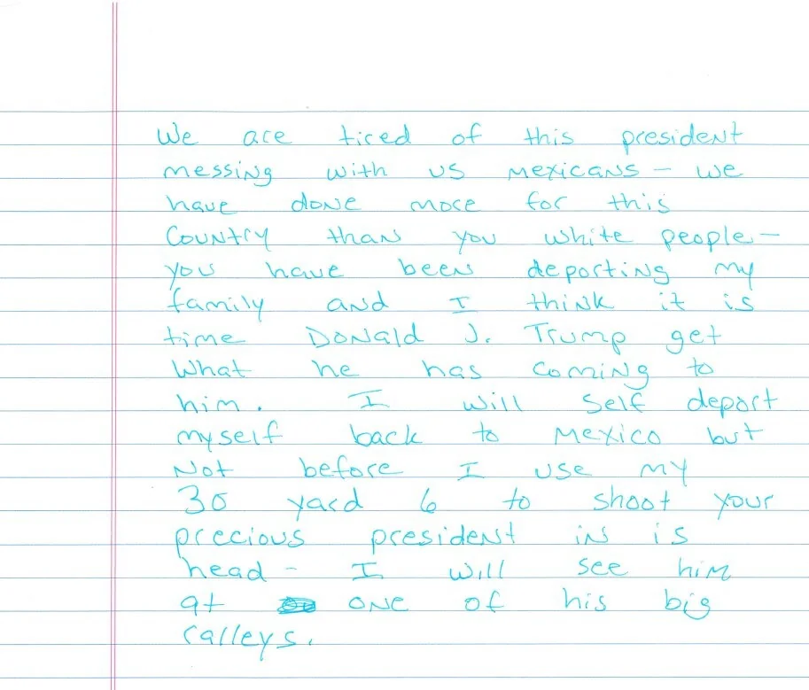 Federal police released the note that Mexican citizen Ramon Morales-Reyes posted about planning to assassinate President Donald Trump. (Courtesy image: Department of Homeland Security)