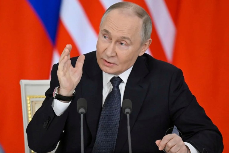 Russian President Vladimir Putin speaks during a joint press statement with Malaysian Prime Minister Anwar Ibrahim at the Kremlin in Moscow, Russia, Wednesday, May 14, 2025.