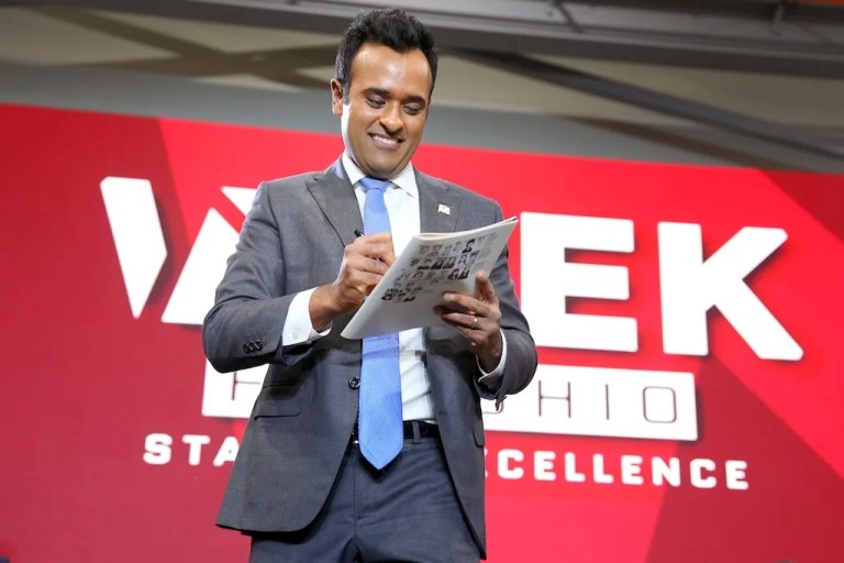 Vivek Ramaswamy is handed a yearbook to sign from a supporter after announcing his candidacy for Ohio governor, Monday, Feb. 24, 2025, in West Chester Township, Ohio.