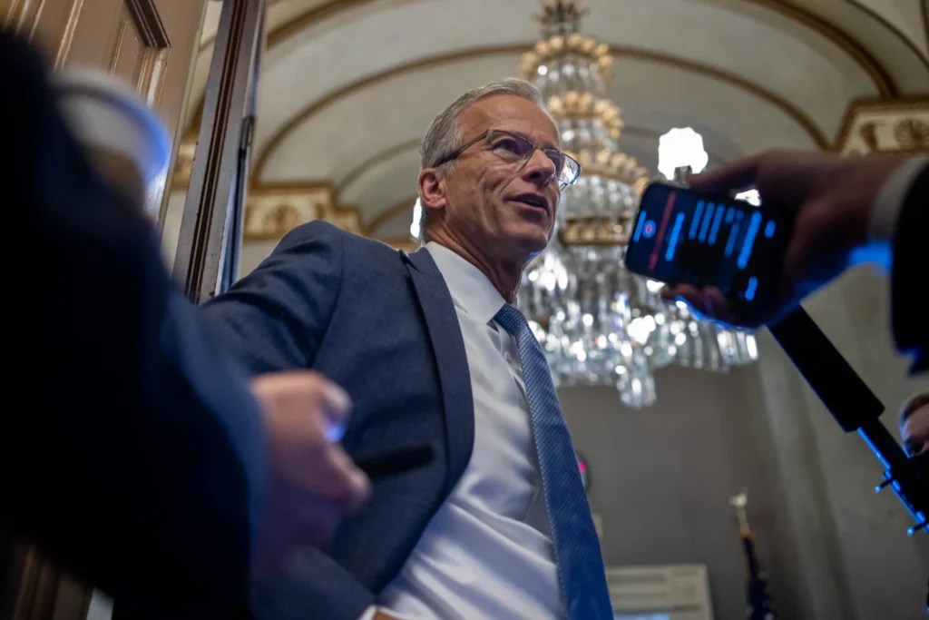 Senate Majority Leader John Thune (R-SD) speaks to reporters at the Capitol on Monday, June 30, 2025 as the Senate debates President Donald Trump's "one, big beautiful" bill. (Graeme Jennings/Washington Examiner)