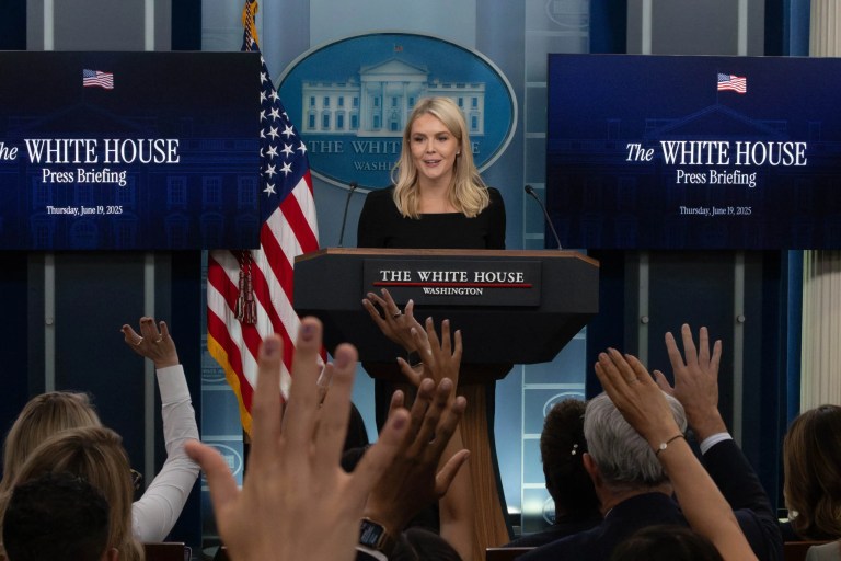 White House Press Secretary Karoline Leavitt speaks at the White House press briefing on June 19, 2025 on President Donald Trump giving himself two weeks to decide on military strikes against Iran. (Graeme Jennings/Washington Examiner)