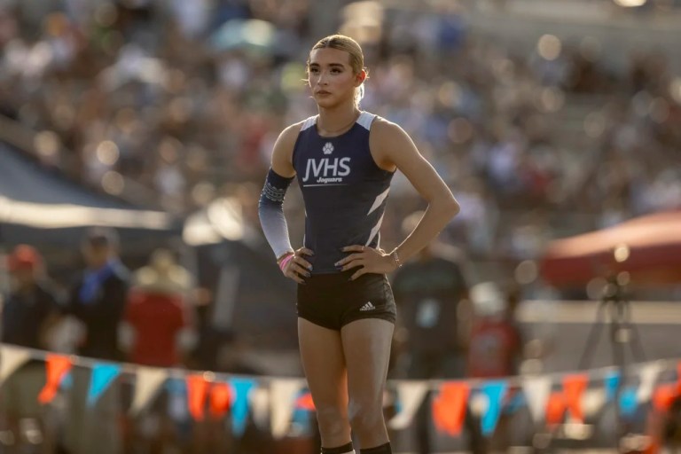 AB Hernandez, a transgender student at Jurupa Valley High School, is seen while competing in the high jump at the California high school track-and-field championships in Clovis, California, Saturday, May 31, 2025.