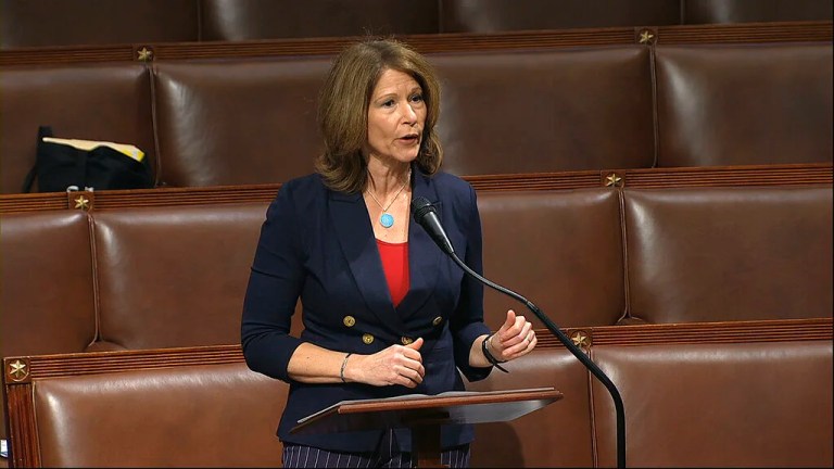 In this April 23, 2020, file image from video, Rep. Cheri Bustos (D-IL) speaks on the floor of the House of Representatives at the U.S. Capitol in Washington. Bustos says she will not seek reelection next year. She is stepping aside after playing a lead role in an unexpectedly bad 2020 election that saw her party nearly lose House control.