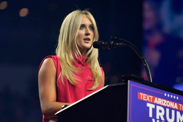 Riley Gaines speaks before Republican presidential nominee former President Donald Trump at a campaign rally at the Desert Diamond Arena