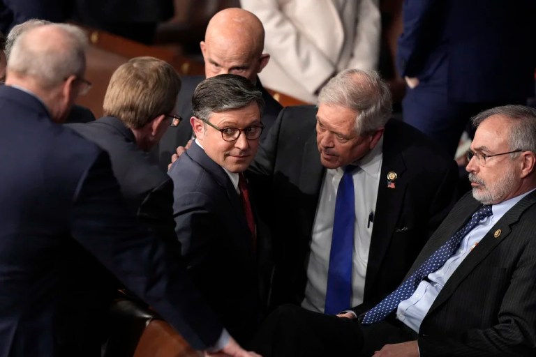 House Speaker Mike Johnson, R-La., speaks with Rep. Andy Harris, R-Md., right, and other members as the House of Representatives meets to elect a speaker and convene the new 119th Congress at the Capitol in Washington, Friday, Jan. 3, 2025. (AP Photo/Mark Schiefelbein)