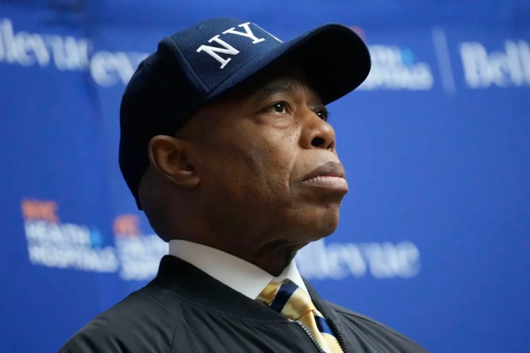 New York City mayor Eric Adams attends a news conference regarding a police officer that was shot in New York