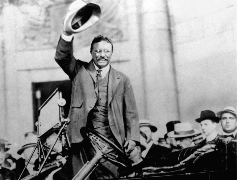 Theodore Roosevelt campaigns for the presidency in 1904.