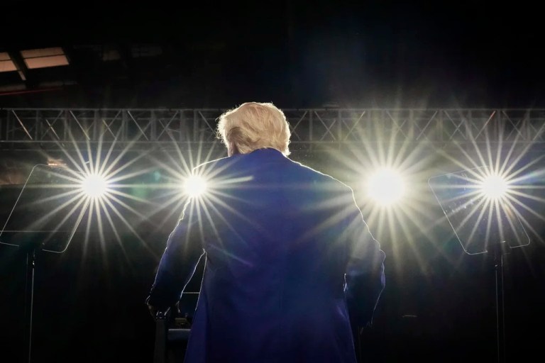 President Donald Trump on stage at the Al Udeid Air Base, May 15, 2025, in Doha, Qatar.