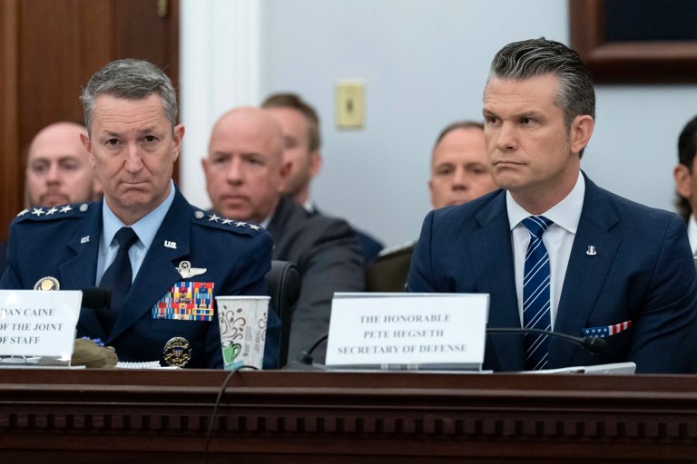 The Chairman of the Joint Chiefs of Staff General Dan Caine, left, and Department of Defense Secretary Pete Hegseth testify before the House Committee on Appropriations subcommittee oversight hearing on the Department of Defense, on Capitol Hill in Washington, Tuesday, June 10, 2025.