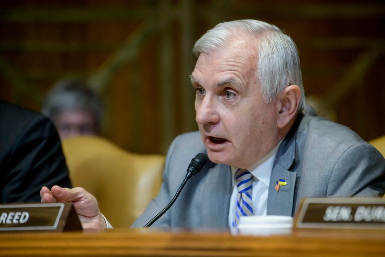 Sen. Jack Reed, D-R.I., questions Secretary of Defense Pete Hegseth during a Senate Committee on Appropriations subcommittee hearing to examine proposed budget estimates for fiscal year 2026 for the Department of Defense, on Capitol Hill, Wednesday, June 11, 2025, in Washington. (AP Photo/Rod Lamkey, Jr.)