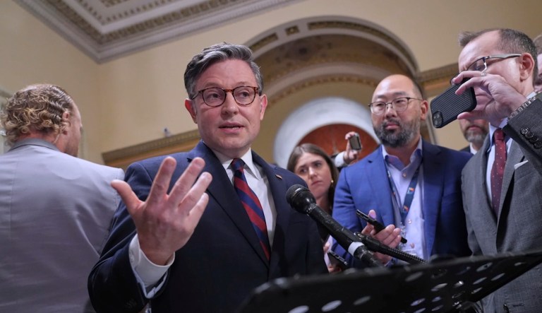 Speaker of the House Mike Johnson (R-LA) reacts to reporters after Sen. Alex Padilla (D-CA) was forcefully removed from Homeland Security Secretary Kristi Noem's news conference in Los Angeles and handcuffed by officers as he tried to speak up about immigration raids that have led to protests in California and elsewhere, at the Capitol in Washington, Thursday, June 12, 2025.