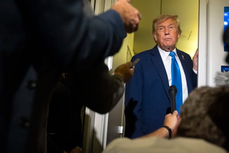 President Donald Trump speaks with reporters while flying aboard Air Force One en route from Calgary, Canada to Joint Base Andrews, Md., late Monday, June 16, 2025.