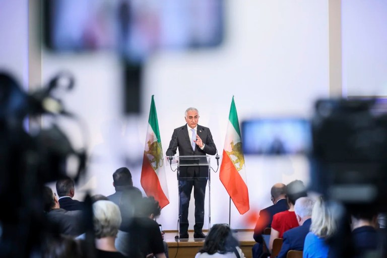 Reza Pahlavi, the son of Iran's toppled Shah Mohammad Reza Pahlavi, speaks during a press conference, Monday, June 23, 2025 in Paris.