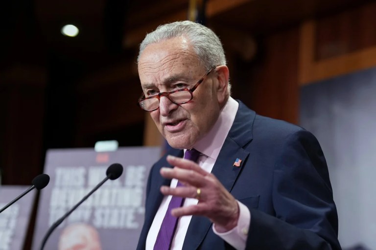 Senate Minority Leader Chuck Schumer (D-NY) talks with reporters as Senate Republicans work to advance President Donald Trump's sweeping domestic policy bill, at the Capitol in Washington, Friday, June 27, 2025.