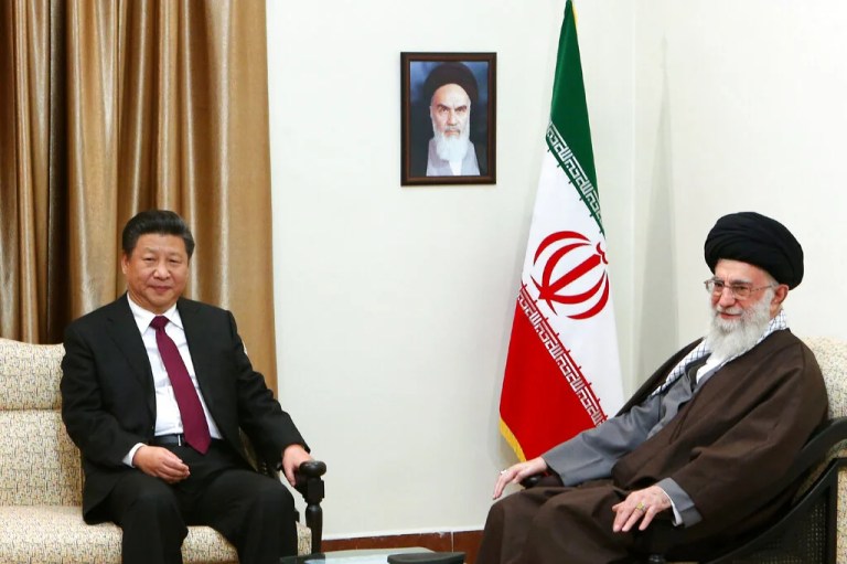 A 2016 photo released by the office of late Iranian supreme leader Ali Khamenei shows him with Chinese President Xi Jinping.