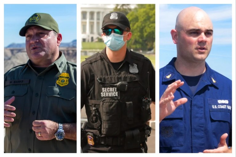 Border Patrol Chief Michael Banks speaks to reporters during the visit to the US-Mexico border by Defense Secretary Pete Hegseth in Sunland Park, N.M., Monday, Feb. 3, 2025. (AP Photo/Andres Leighton) U.S. Secret Service police watch through a gate in the fence as demonstrators protest Saturday, June 6, 2020, near the White House in Washington, over the death of George Floyd, a black man who was in police custody in Minneapolis. Floyd died after being restrained by Minneapolis police officers on Memorial Day. (AP Photo/Maya Alleruzzo) Senior Chief Petty Officer Seth Hunt, the school chief of the Maritime Law Enforcement Academy, discusses the academy's new Vessel Pursuit Training Program during an interview at the academy in North Charleston, S.C., on Friday, Sept. 6, 2013. With the transfer of the program from Camp Lejeune, N.C., all Coast Guard law enforcement training programs are now based in South Carolina. (AP Photo/Bruce Smith)