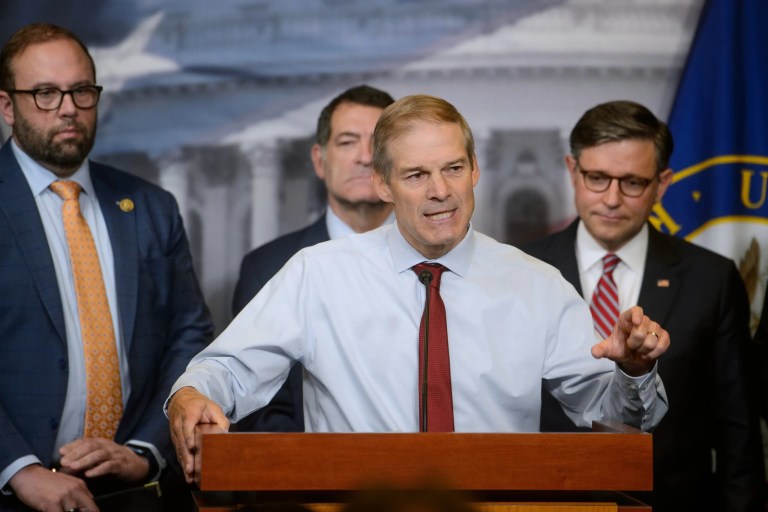 Rep. Jim Jordan (R-OH), center, is joined by from left: Reps. Jason Smith (R-MO), Mark Green (R-TN), Speaker of the House Mike Johnson (R-LA), and House Majority Whip Tom Emmer (R-MN) during a news conference at the Capitol, Tuesday, May 20, 2025, in Washington.