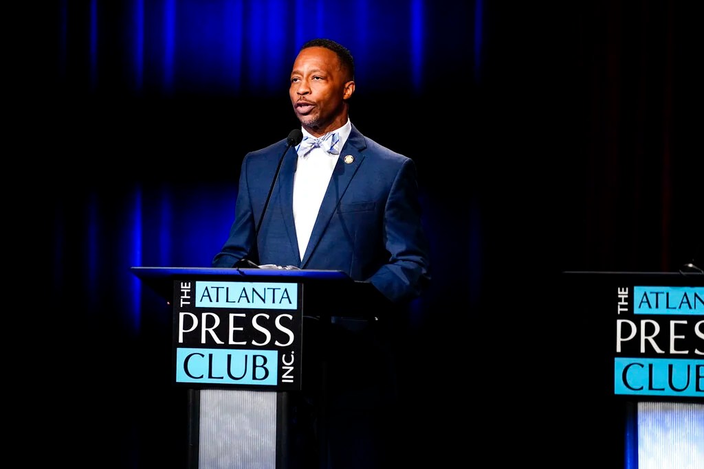 Georgia Lt. Gov. candidate Derrick Jackson participates in a democratic primary debate on Tuesday, May 3, 2022, in Atlanta.