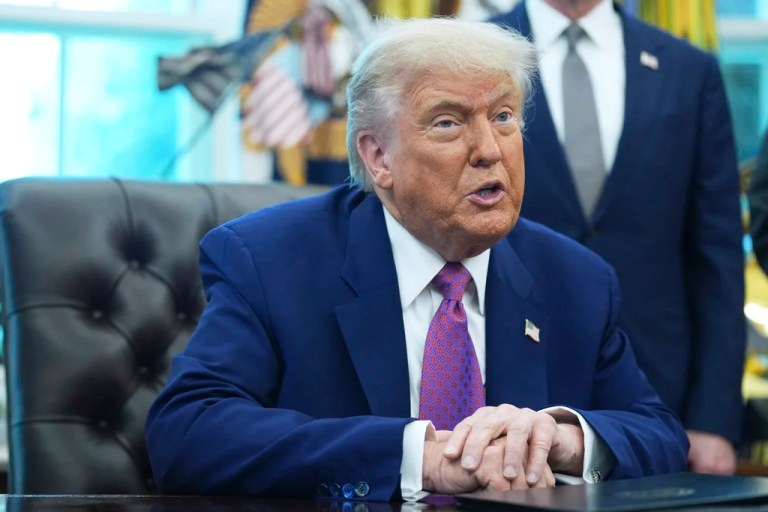 President Donald Trump speaks to the media in the Oval Office at the White House, Tuesday, June 10, 2025, in Washington.